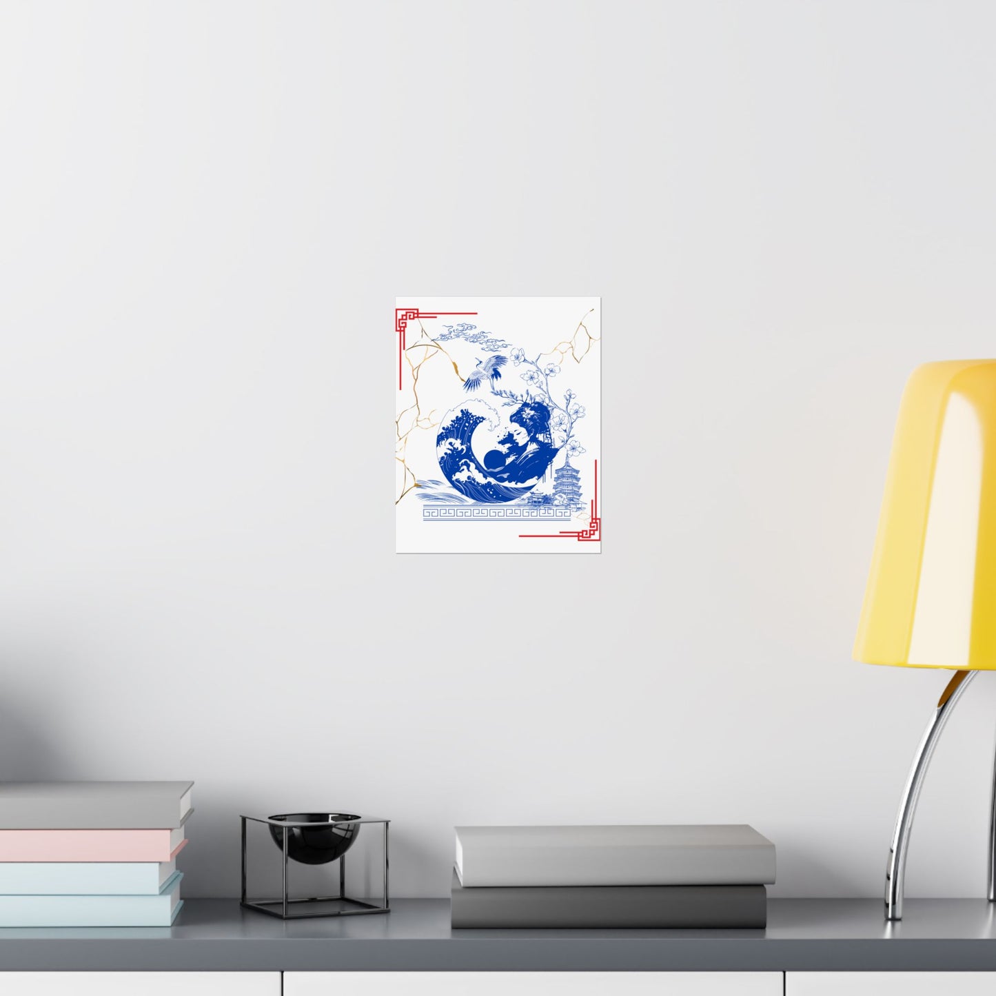 Custom Japanese Culture Wall Poster – Traditional Blue & White Ceramic Kintsugi Design