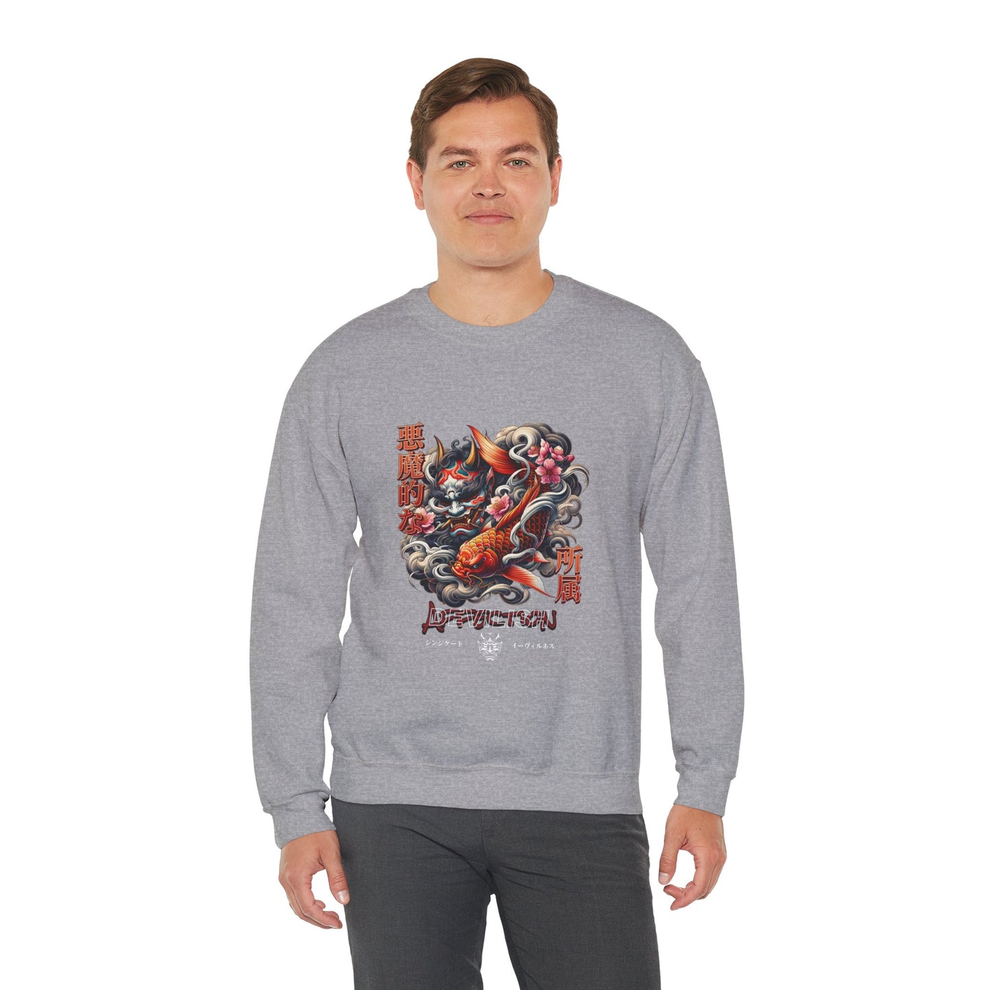 Urban Japanese Oni Mask & Koi Fish Graphic Unisex Crewneck Sweatshirt