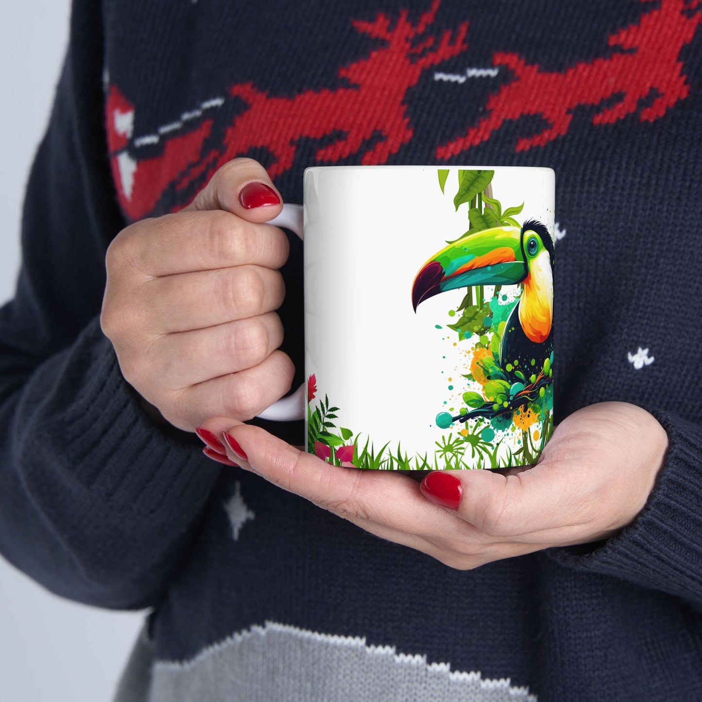 Tropical Nature Ceramic Mug – Vibrant Tropical Vibes with Colorful Toucan & Morpho Butterfly