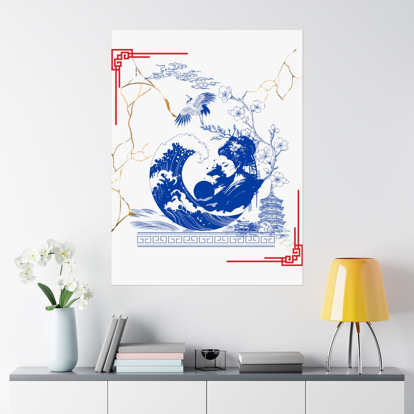 Custom Japanese Culture Wall Poster – Traditional Blue & White Ceramic Kintsugi Design