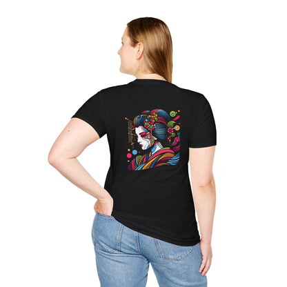 Colorful Geisha Line Art Unisex Softstyle T-Shirt | Artful Japanese Inspired Design