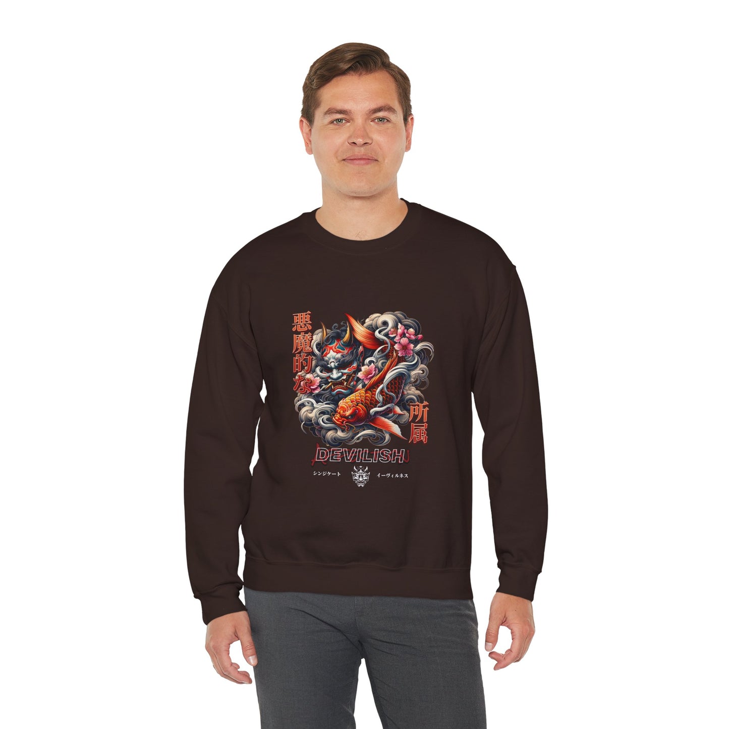 Urban Japanese Oni Mask & Koi Fish Graphic Unisex Crewneck Sweatshirt