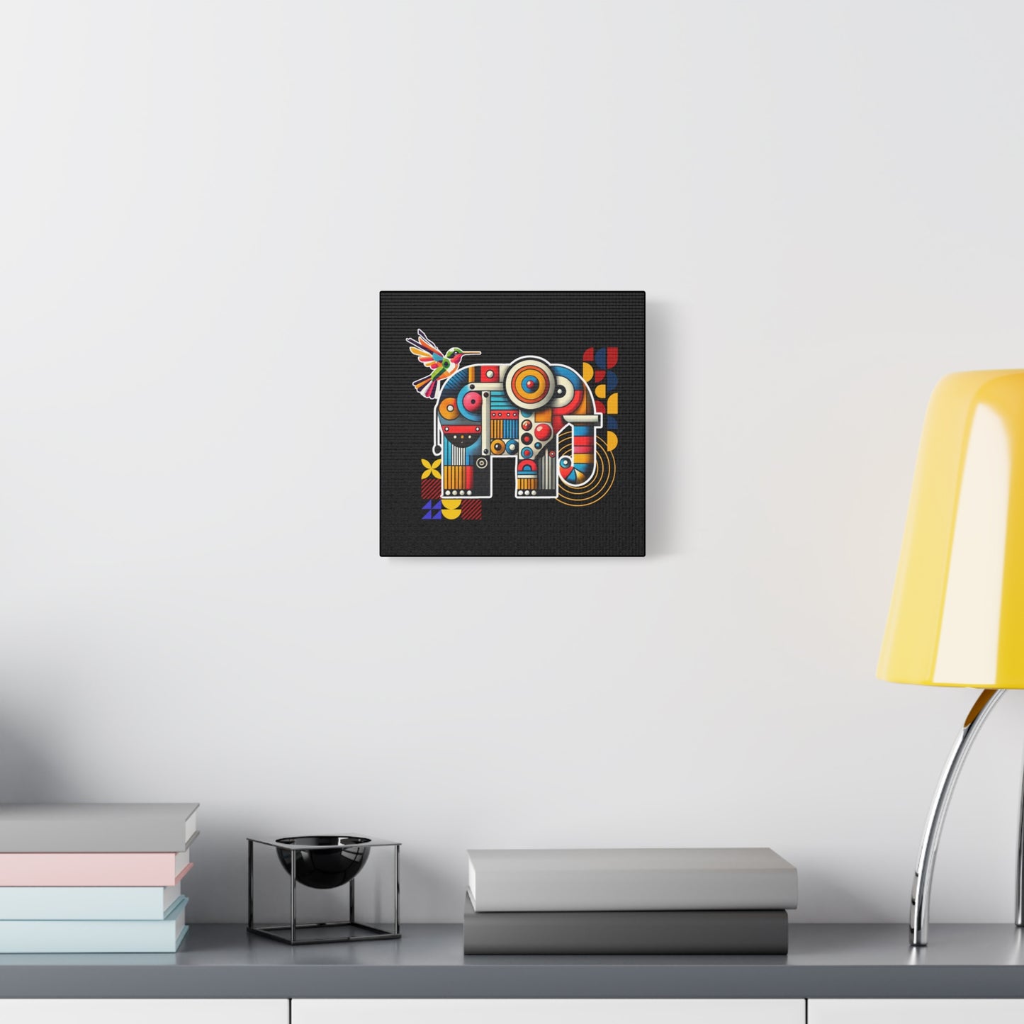 Canvas Art Print - Elephant and Hummingbird Bauhaus Style