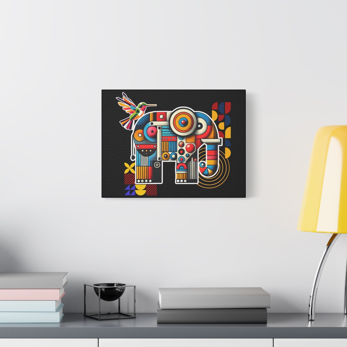 Canvas Art Print - Elephant and Hummingbird Bauhaus Style