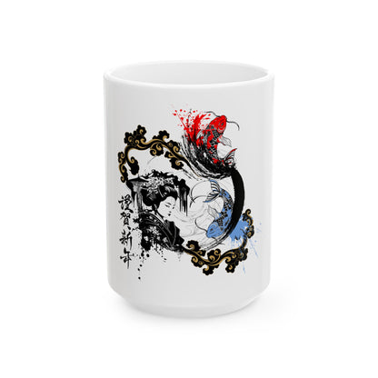 Japanese Ink Masterpiece: Geisha & Koi Fish Ceramic Mug (11oz, 15oz) - Embracing japanese culture and tradition