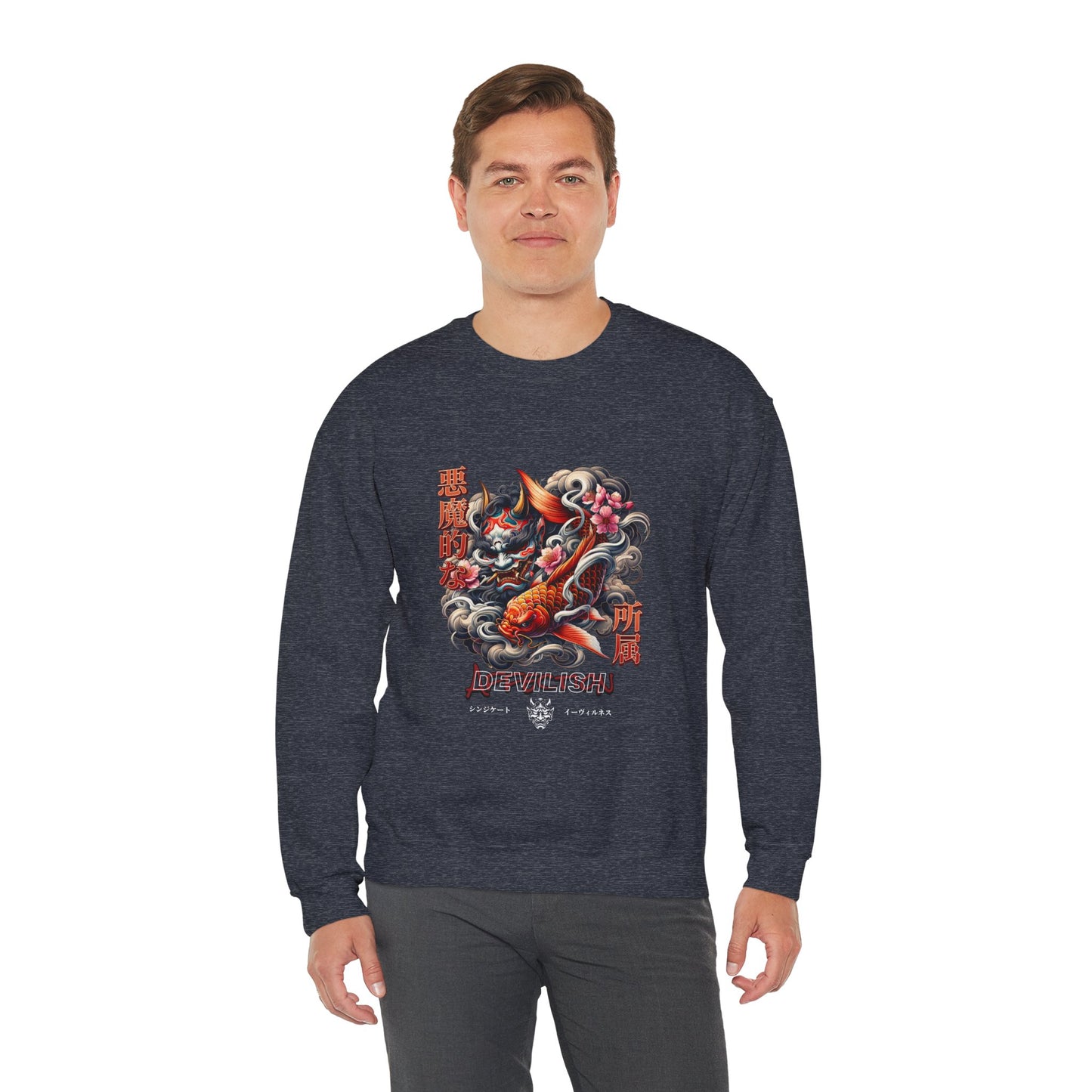 Urban Japanese Oni Mask & Koi Fish Graphic Unisex Crewneck Sweatshirt