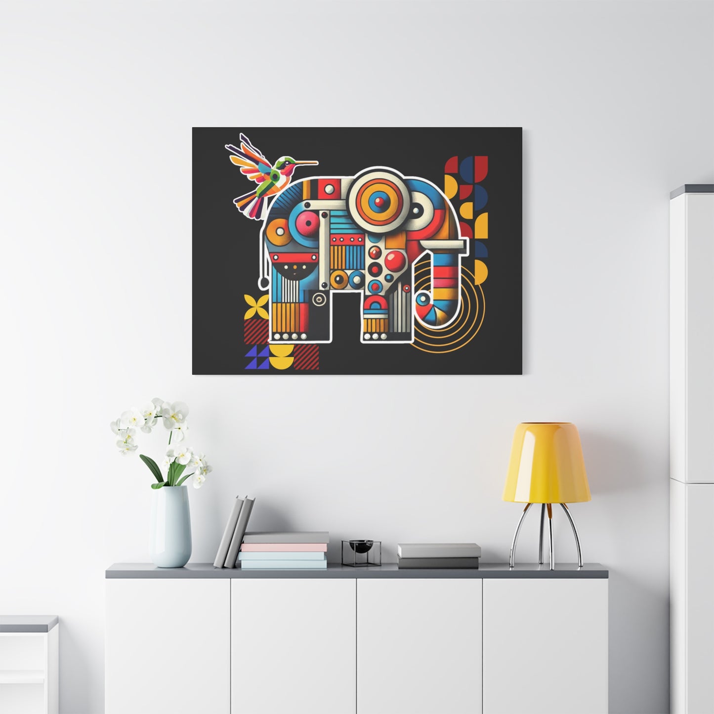 Canvas Art Print - Elephant and Hummingbird Bauhaus Style