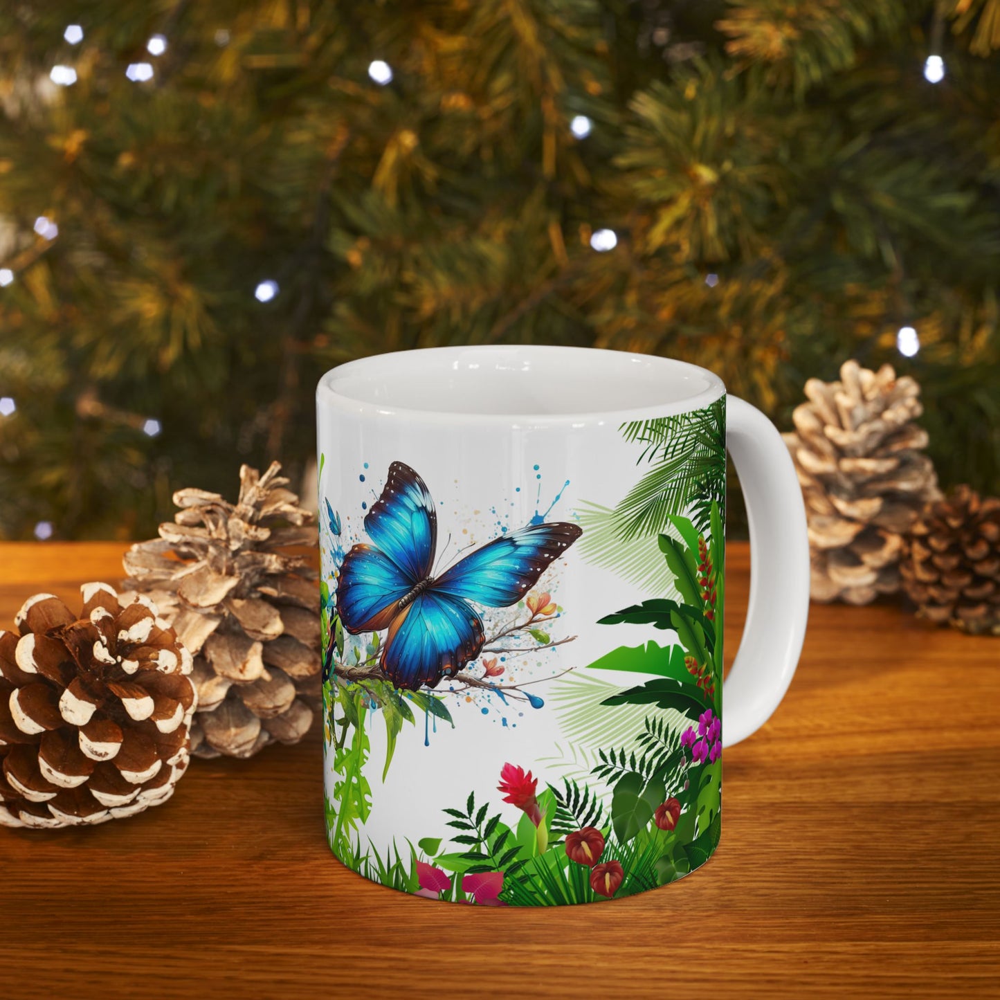 Tropical Nature Ceramic Mug – Vibrant Tropical Vibes with Colorful Toucan & Morpho Butterfly