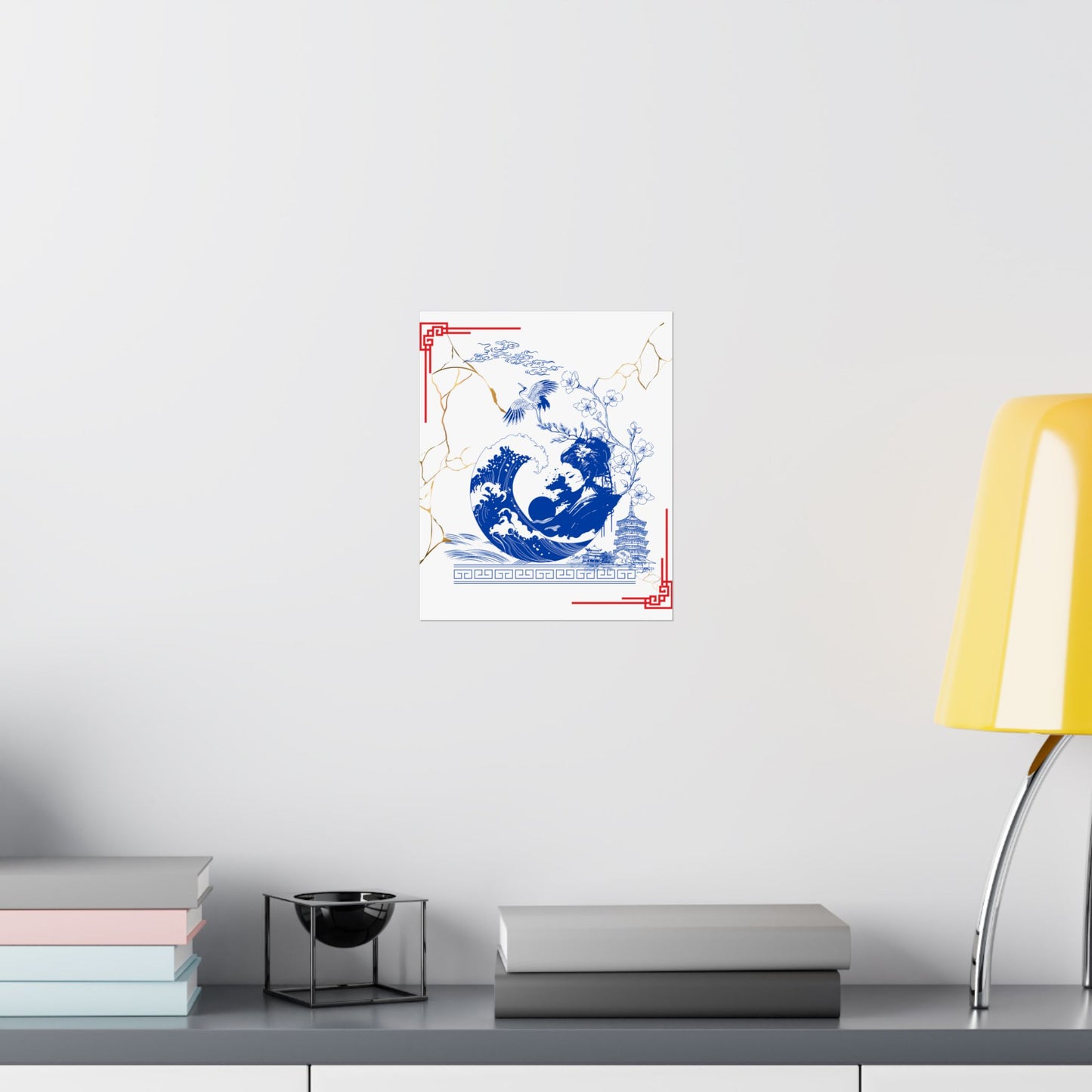 Custom Japanese Culture Wall Poster – Traditional Blue & White Ceramic Kintsugi Design