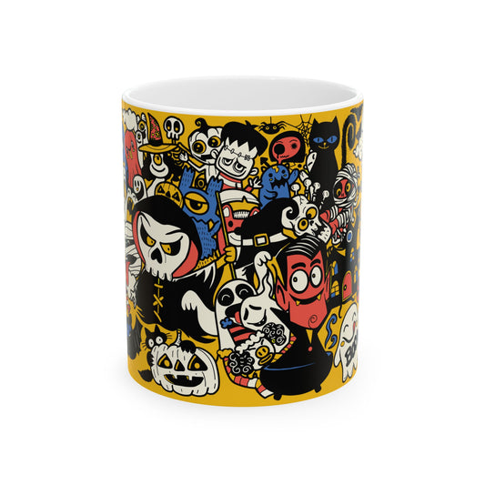 Halloween Doodle Collage Ceramic Mug – Spooky Coffee Cup for 11oz & 15oz