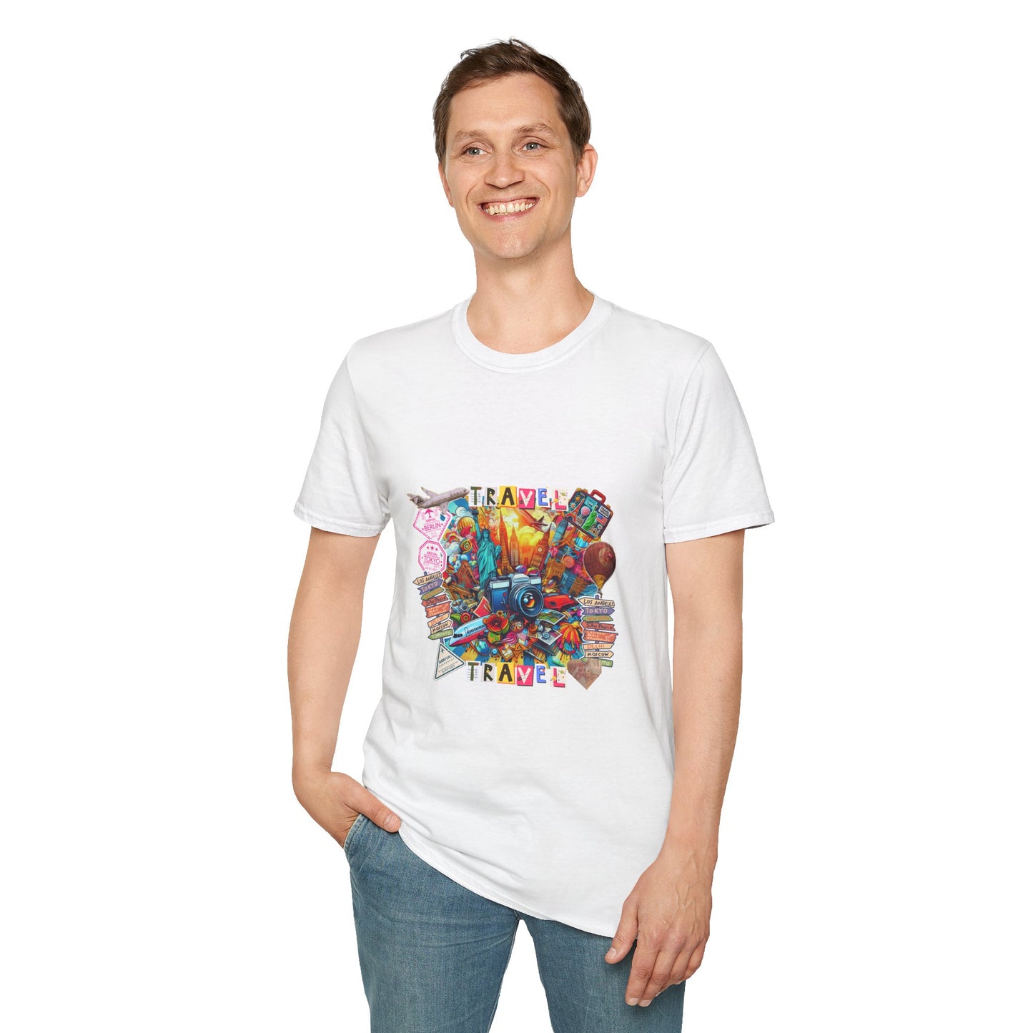 Travel Explosion Collage Unisex Softstyle T-Shirt - Adventure Awaits