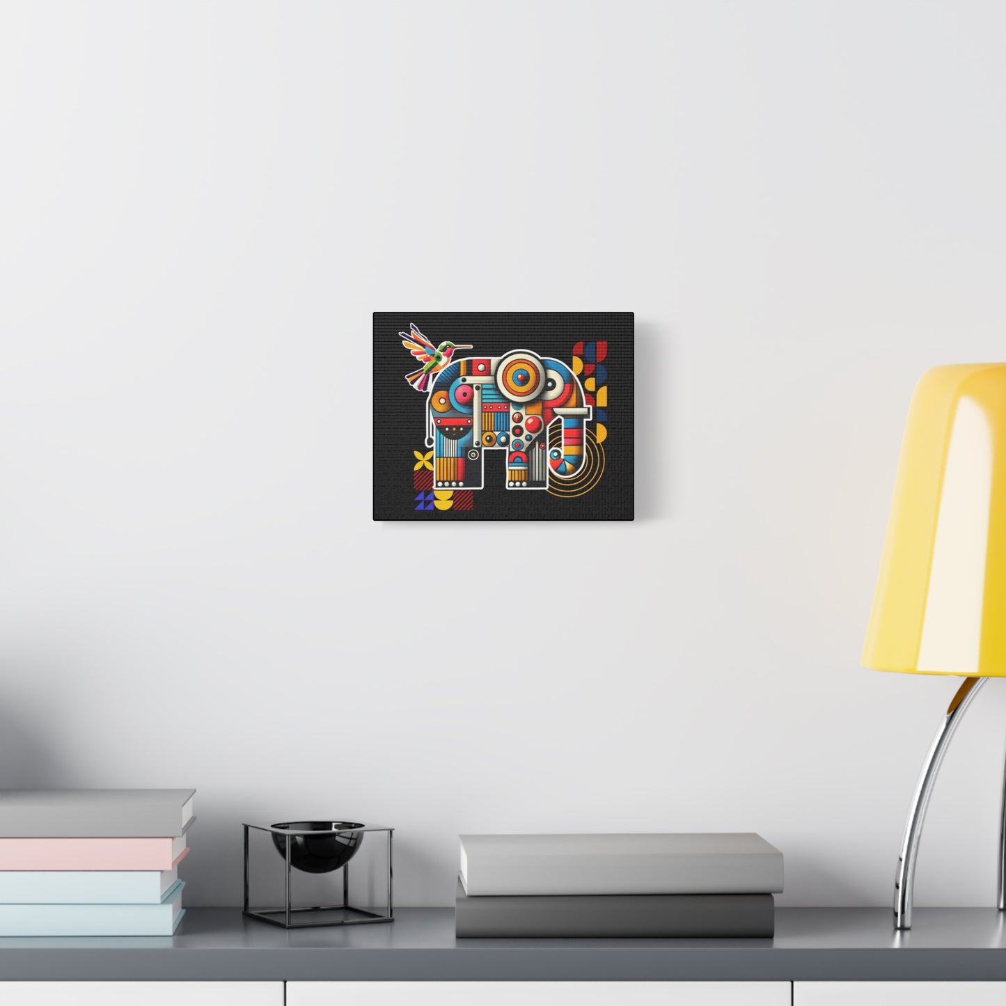 Canvas Art Print - Elephant and Hummingbird Bauhaus Style