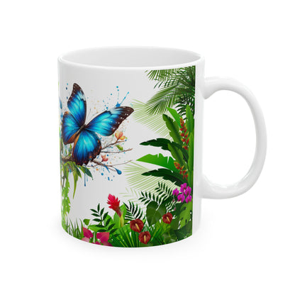 Tropical Nature Ceramic Mug – Vibrant Tropical Vibes with Colorful Toucan & Morpho Butterfly