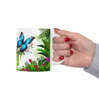 Tropical Nature Ceramic Mug – Vibrant Tropical Vibes with Colorful Toucan & Morpho Butterfly