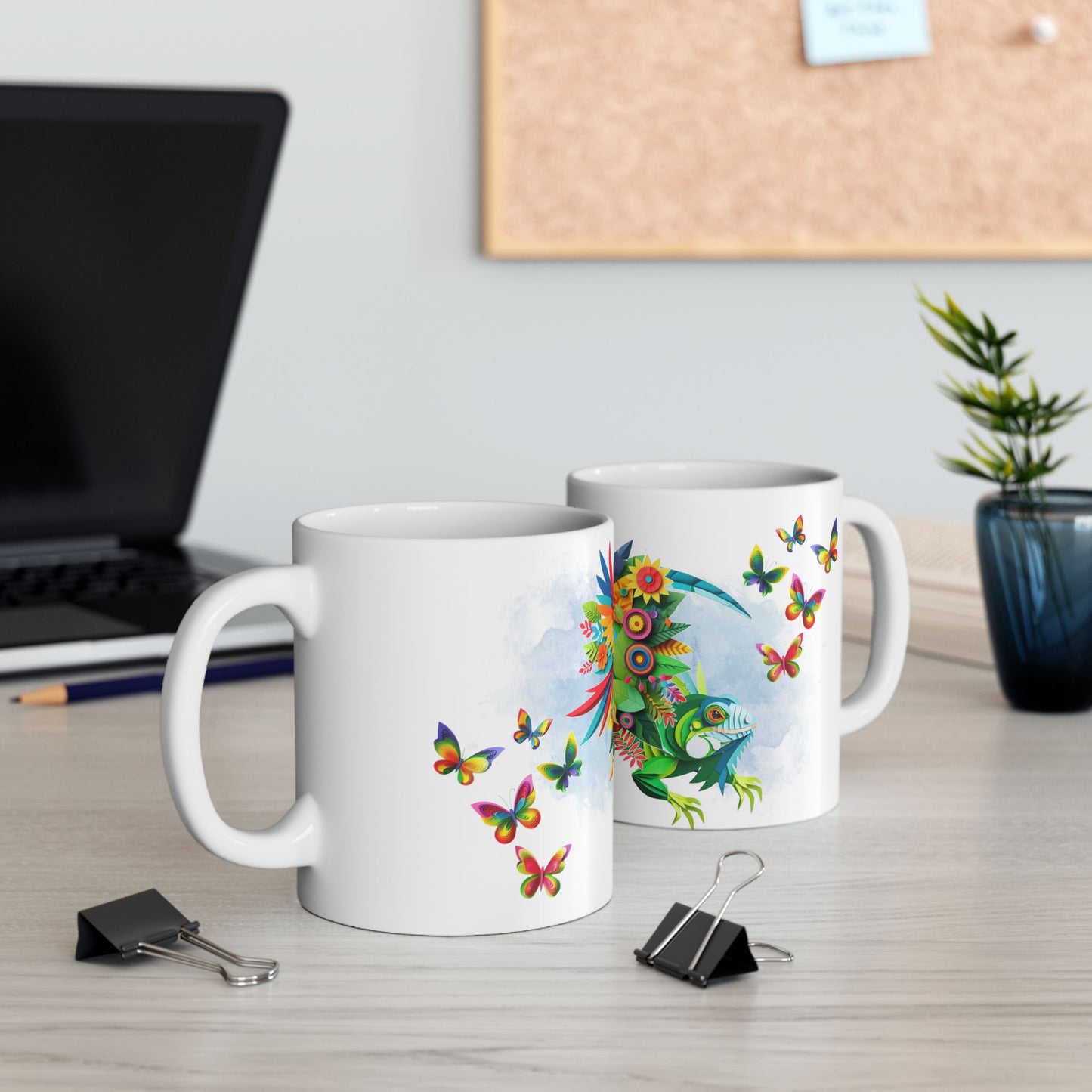 Vibrant Tropical Floral Ceramic Mug – Iguana & Macaw Construction Paper Art Style