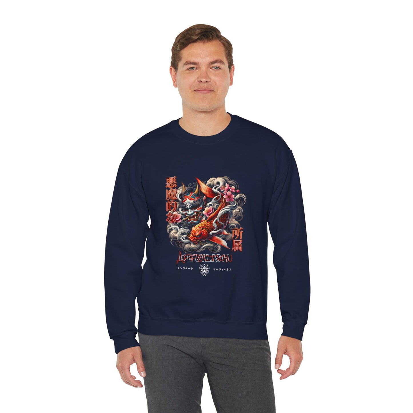 Urban Japanese Oni Mask & Koi Fish Graphic Unisex Crewneck Sweatshirt