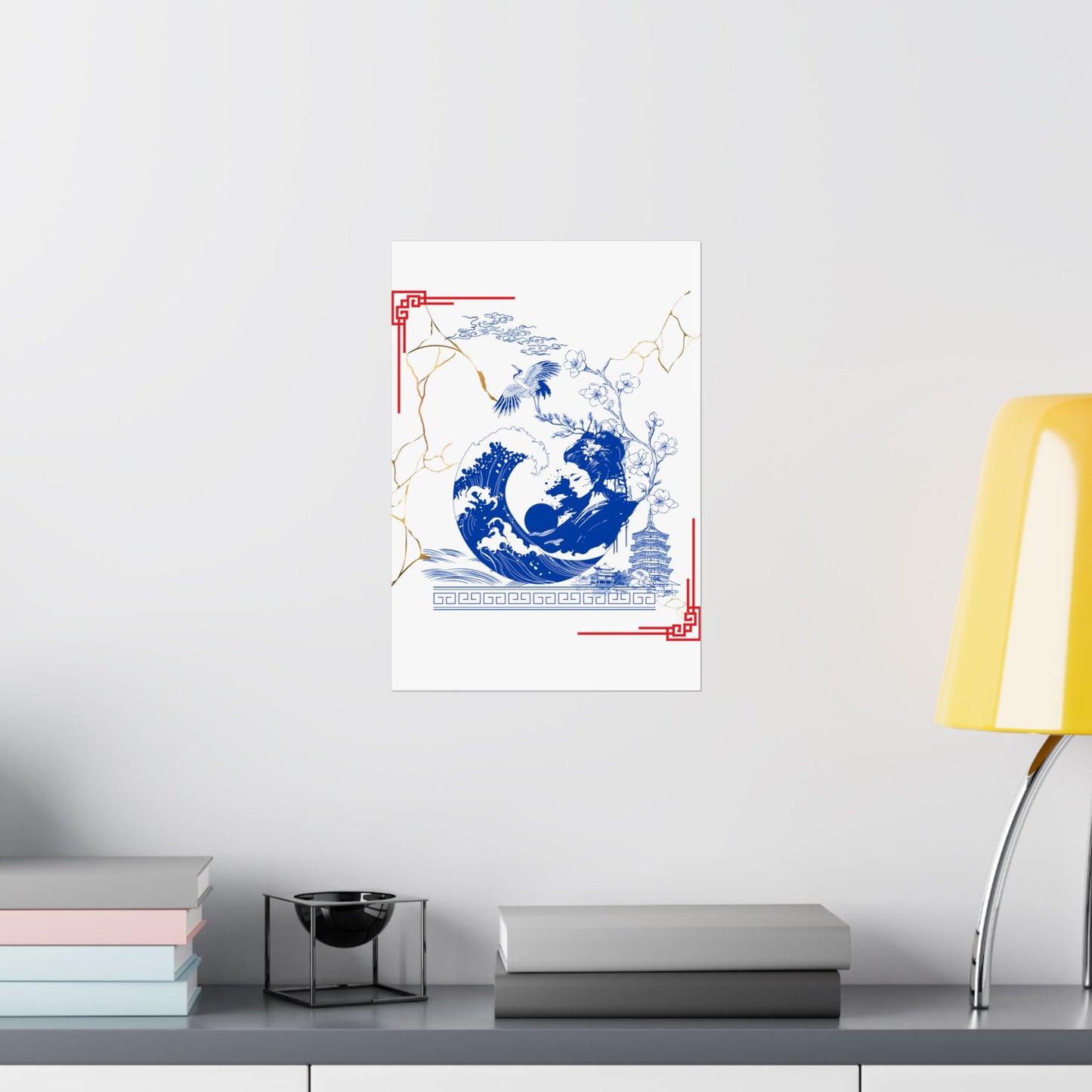 Custom Japanese Culture Wall Poster – Traditional Blue & White Ceramic Kintsugi Design