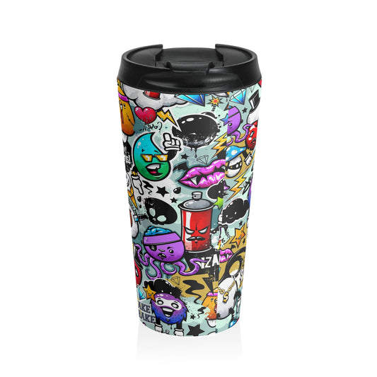 Graffiti Doodle Collage Steel Travel Mug – Bold Urban On-the-Go Beverage Container