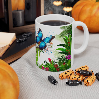 Tropical Nature Ceramic Mug – Vibrant Tropical Vibes with Colorful Toucan & Morpho Butterfly