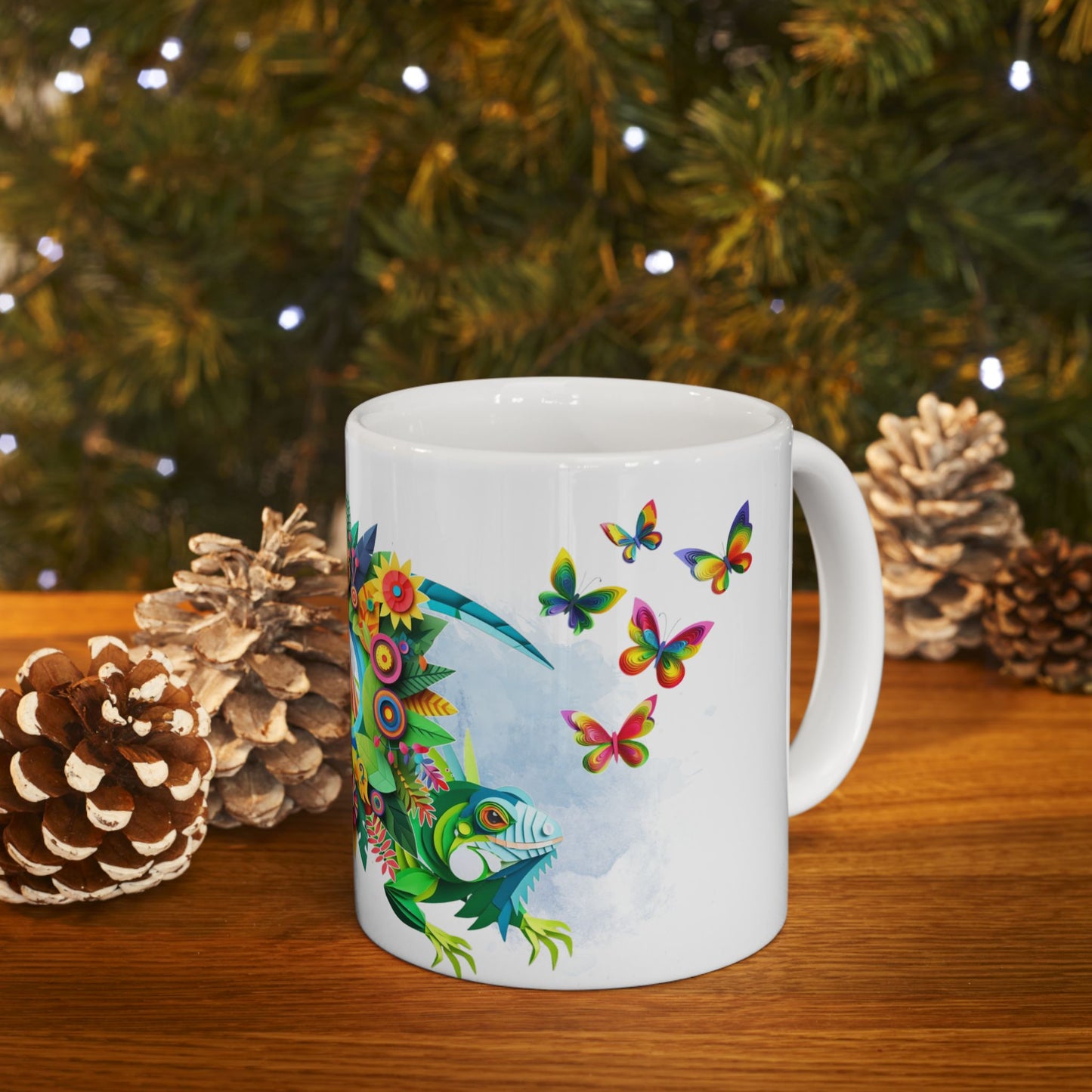 Vibrant Tropical Floral Ceramic Mug – Iguana & Macaw Construction Paper Art Style