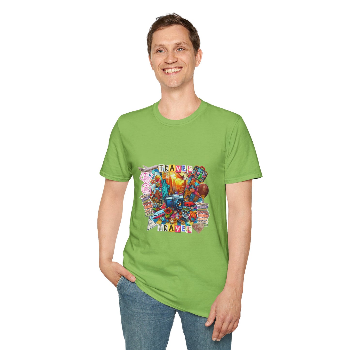 Travel Explosion Collage Unisex Softstyle T-Shirt - Adventure Awaits