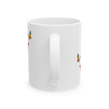 Vibrant Tropical Floral Ceramic Mug – Iguana & Macaw Construction Paper Art Style