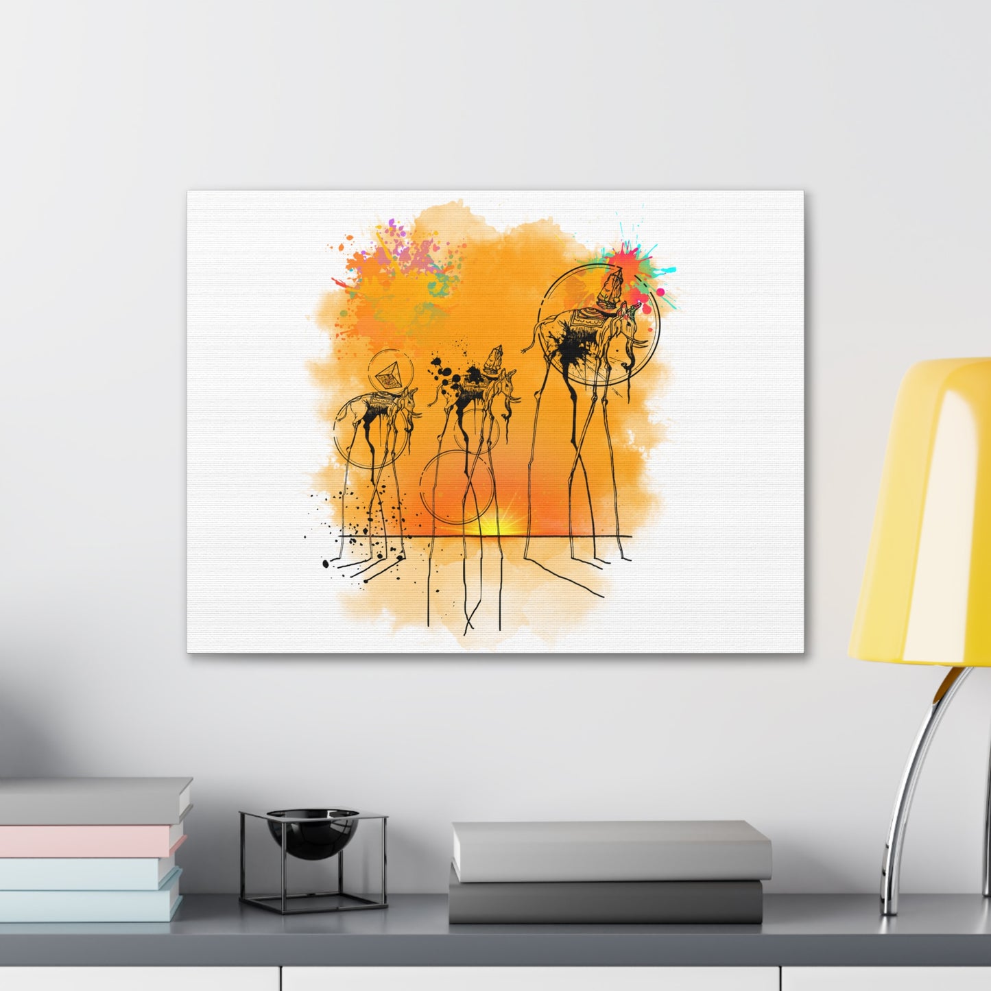 Salvador Dali-inspired canvas gallery wrap featuring a surreal depiction of elephants. This bold, abstract wall art merges classic surrealism with modern design, printed on museum-quality materials. Perfect for art collectors, interior design lovers, and those seeking imaginative decor that makes a statement.