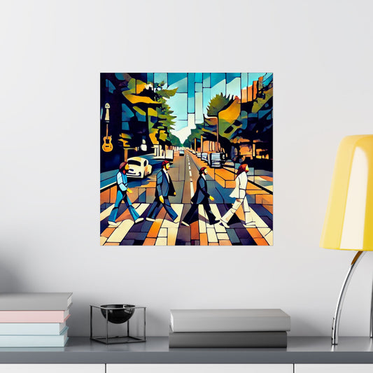 Abstract The Beatles Matte Vertical Poster, inspired by the Abbey Road album and Beatles songs, reinterpreting the band in a modern street art style. Ideal for music lovers, this sleek, museum-grade poster adds a touch of sophistication to any space.