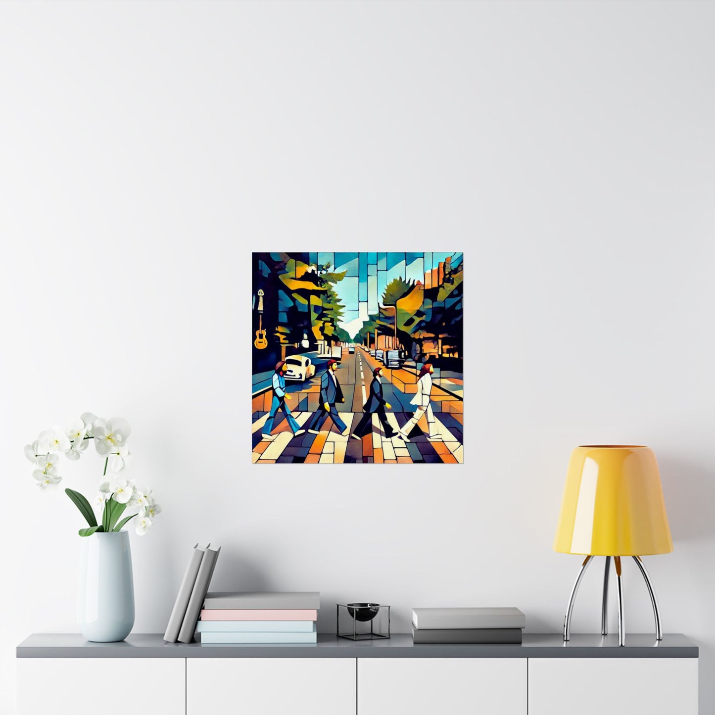 Abstract The Beatles Matte Vertical Poster, inspired by the Abbey Road album and Beatles songs, reinterpreting the band in a modern street art style. Ideal for music lovers, this sleek, museum-grade poster adds a touch of sophistication to any space.