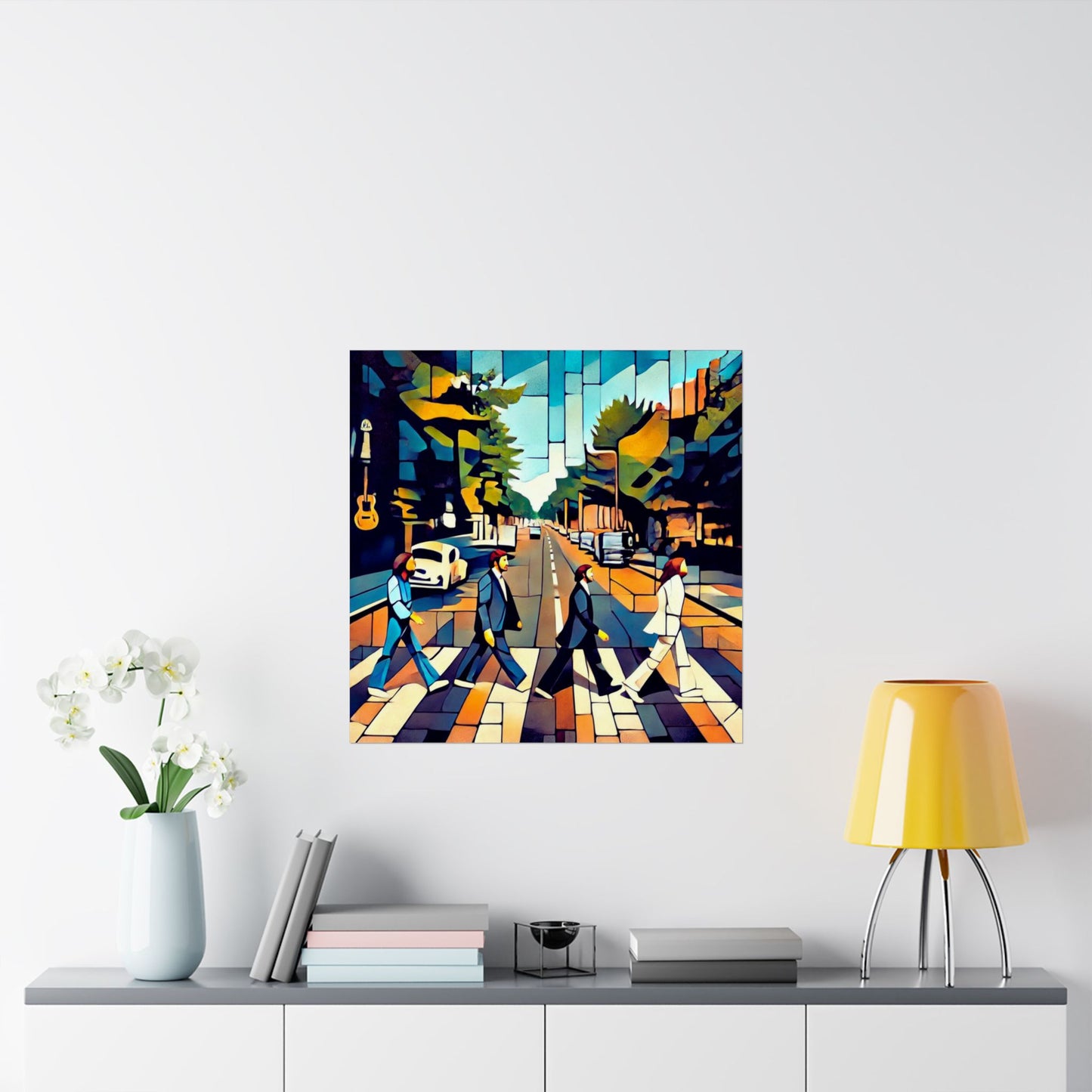 Abstract The Beatles Matte Vertical Poster, inspired by the Abbey Road album and Beatles songs, reinterpreting the band in a modern street art style. Ideal for music lovers, this sleek, museum-grade poster adds a touch of sophistication to any space.