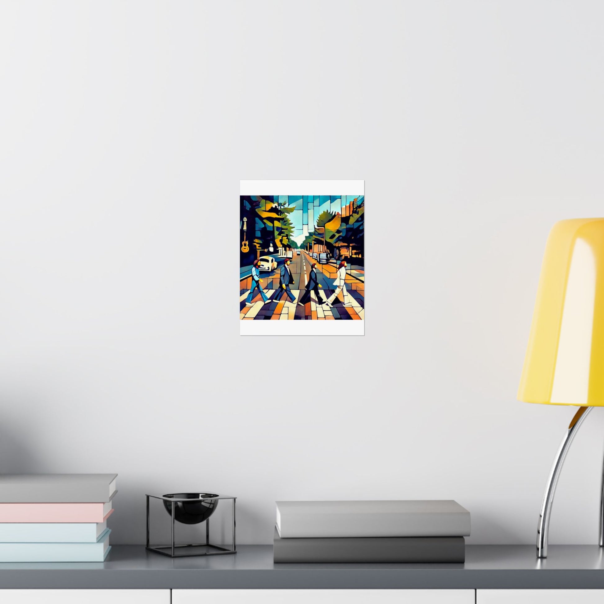 Abstract The Beatles Matte Vertical Poster, inspired by the Abbey Road album and Beatles songs, reinterpreting the band in a modern street art style. Ideal for music lovers, this sleek, museum-grade poster adds a touch of sophistication to any space.