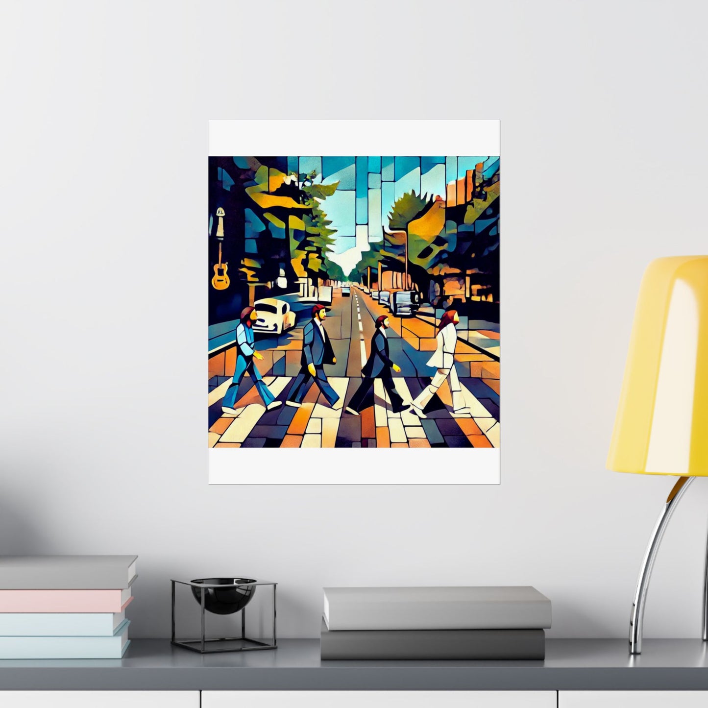 Abstract The Beatles Matte Vertical Poster, inspired by the Abbey Road album and Beatles songs, reinterpreting the band in a modern street art style. Ideal for music lovers, this sleek, museum-grade poster adds a touch of sophistication to any space.