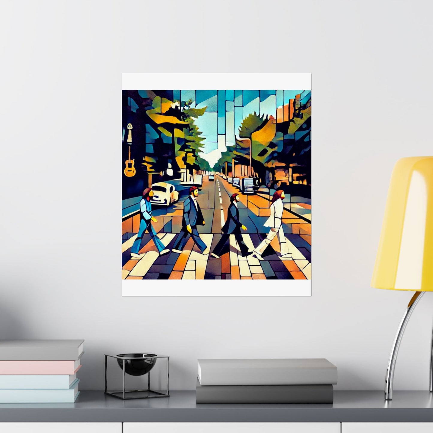 Abstract The Beatles Matte Vertical Poster, inspired by the Abbey Road album and Beatles songs, reinterpreting the band in a modern street art style. Ideal for music lovers, this sleek, museum-grade poster adds a touch of sophistication to any space.