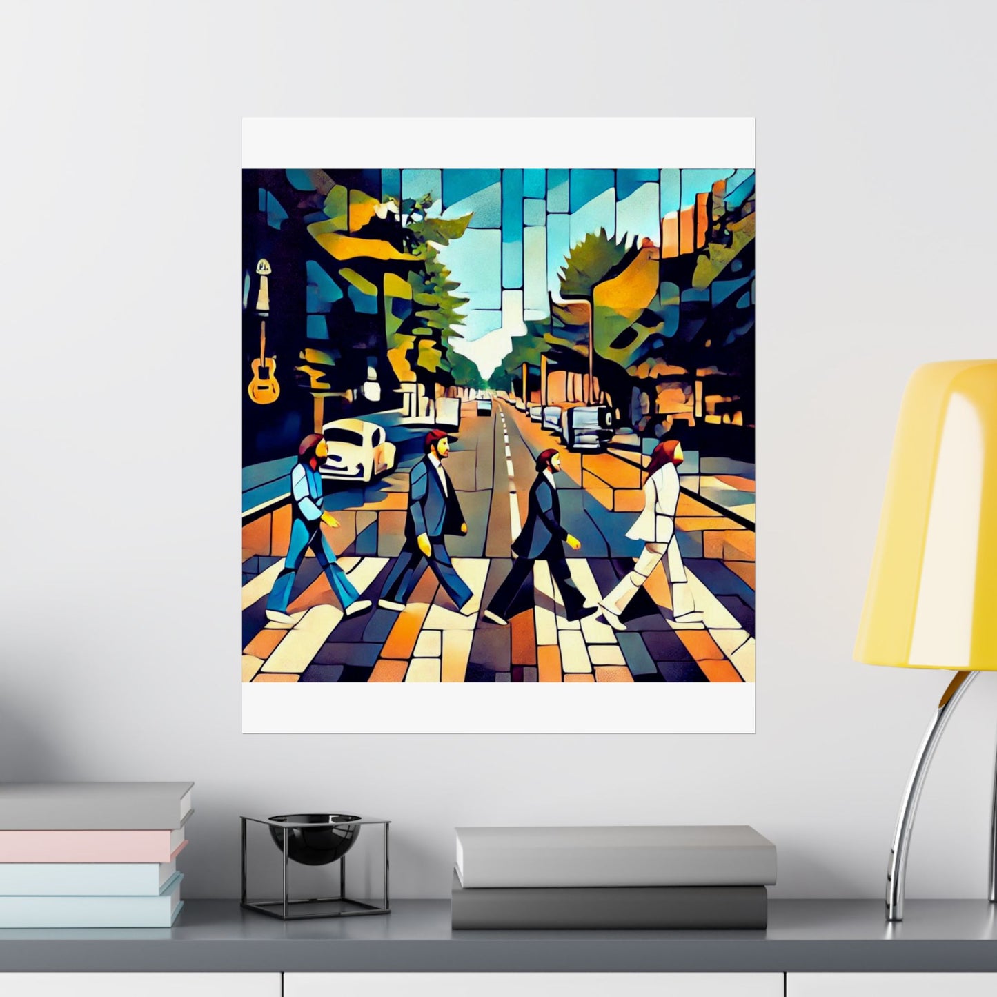 Abstract The Beatles Matte Vertical Poster, inspired by the Abbey Road album and Beatles songs, reinterpreting the band in a modern street art style. Ideal for music lovers, this sleek, museum-grade poster adds a touch of sophistication to any space.