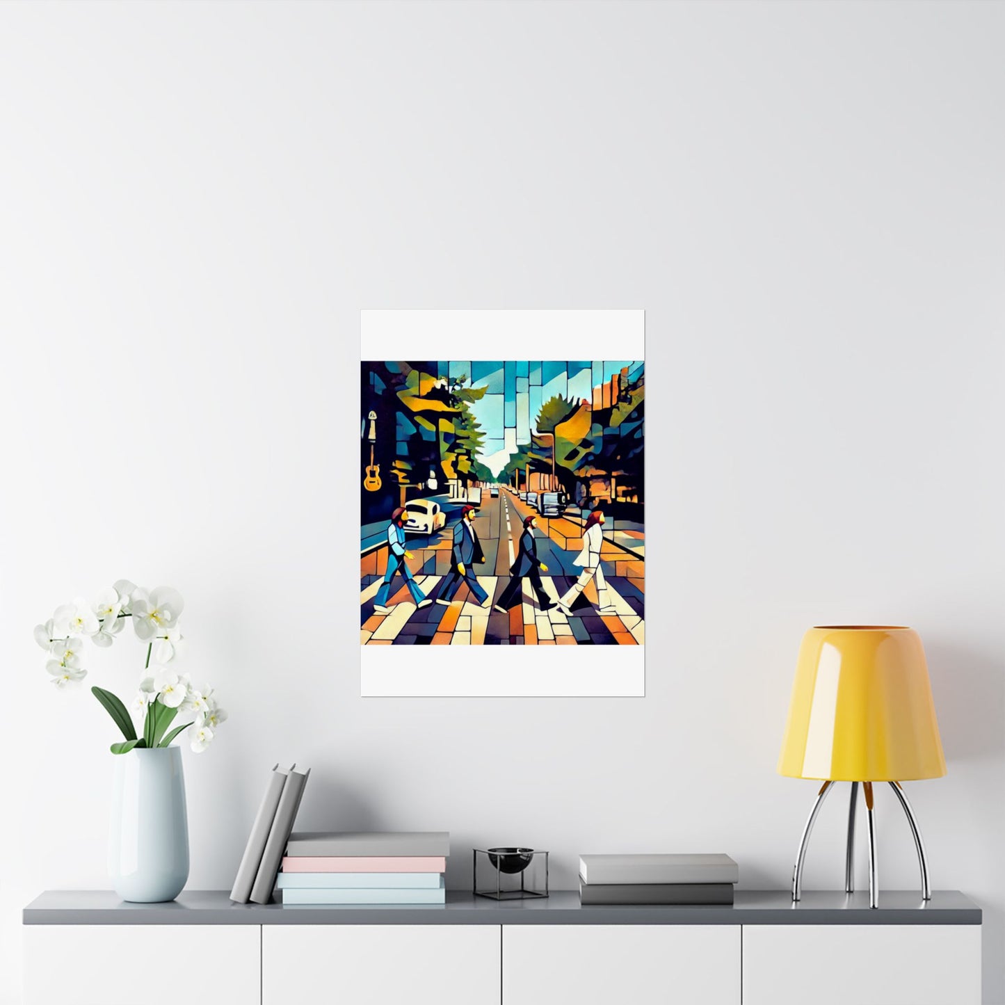 Abstract The Beatles Matte Vertical Poster, inspired by the Abbey Road album and Beatles songs, reinterpreting the band in a modern street art style. Ideal for music lovers, this sleek, museum-grade poster adds a touch of sophistication to any space.