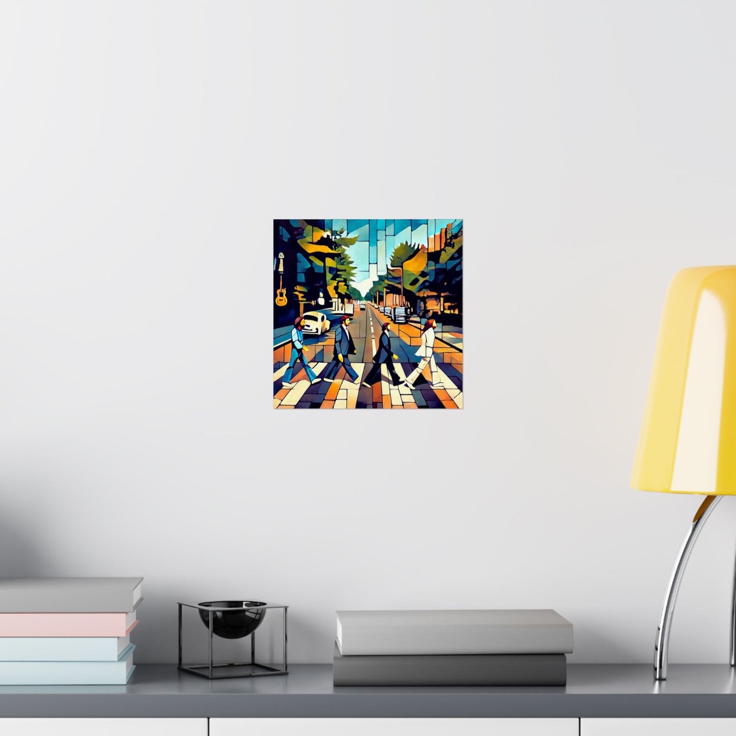 Abstract The Beatles Matte Vertical Poster, inspired by the Abbey Road album and Beatles songs, reinterpreting the band in a modern street art style. Ideal for music lovers, this sleek, museum-grade poster adds a touch of sophistication to any space.