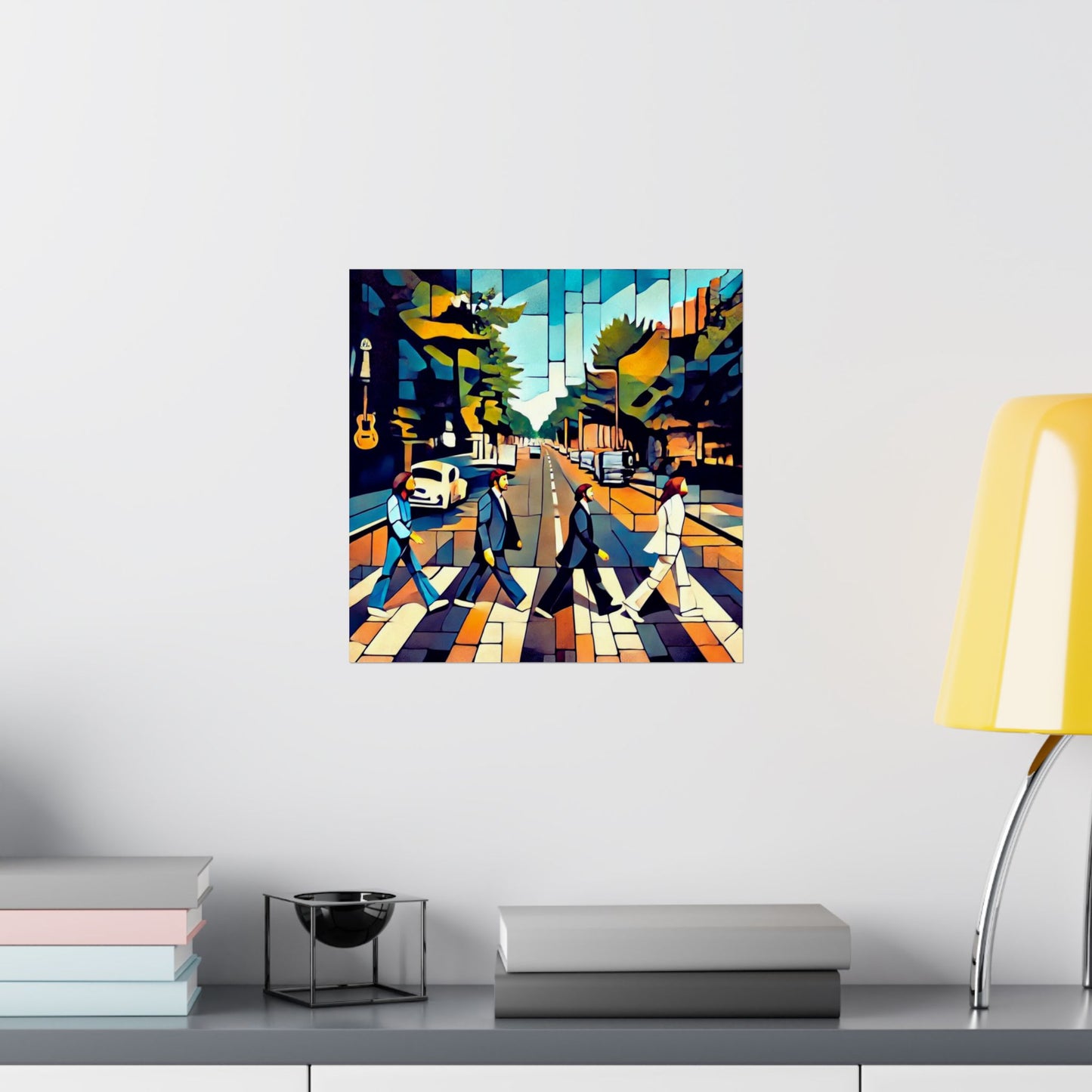 Abstract The Beatles Matte Vertical Poster, inspired by the Abbey Road album and Beatles songs, reinterpreting the band in a modern street art style. Ideal for music lovers, this sleek, museum-grade poster adds a touch of sophistication to any space.