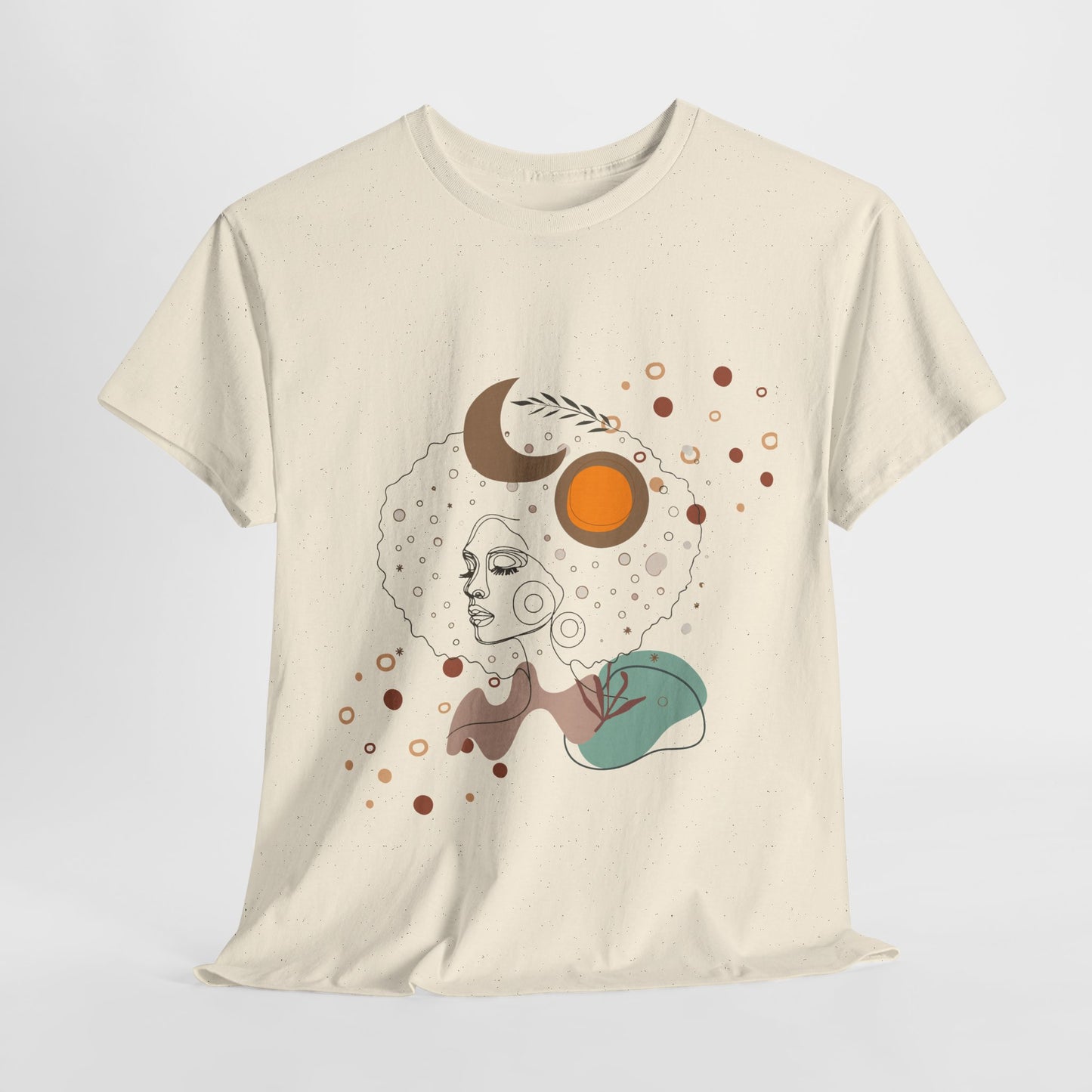 Unisex heavy cotton tee featuring an abstract Afro girl design with a boho aesthetic. A stylish and comfortable fashion piece for art lovers, trendsetters, and those embracing Afro culture. Perfect for casual wear, coffee dates, or as a unique gift for birthdays and special occasions.