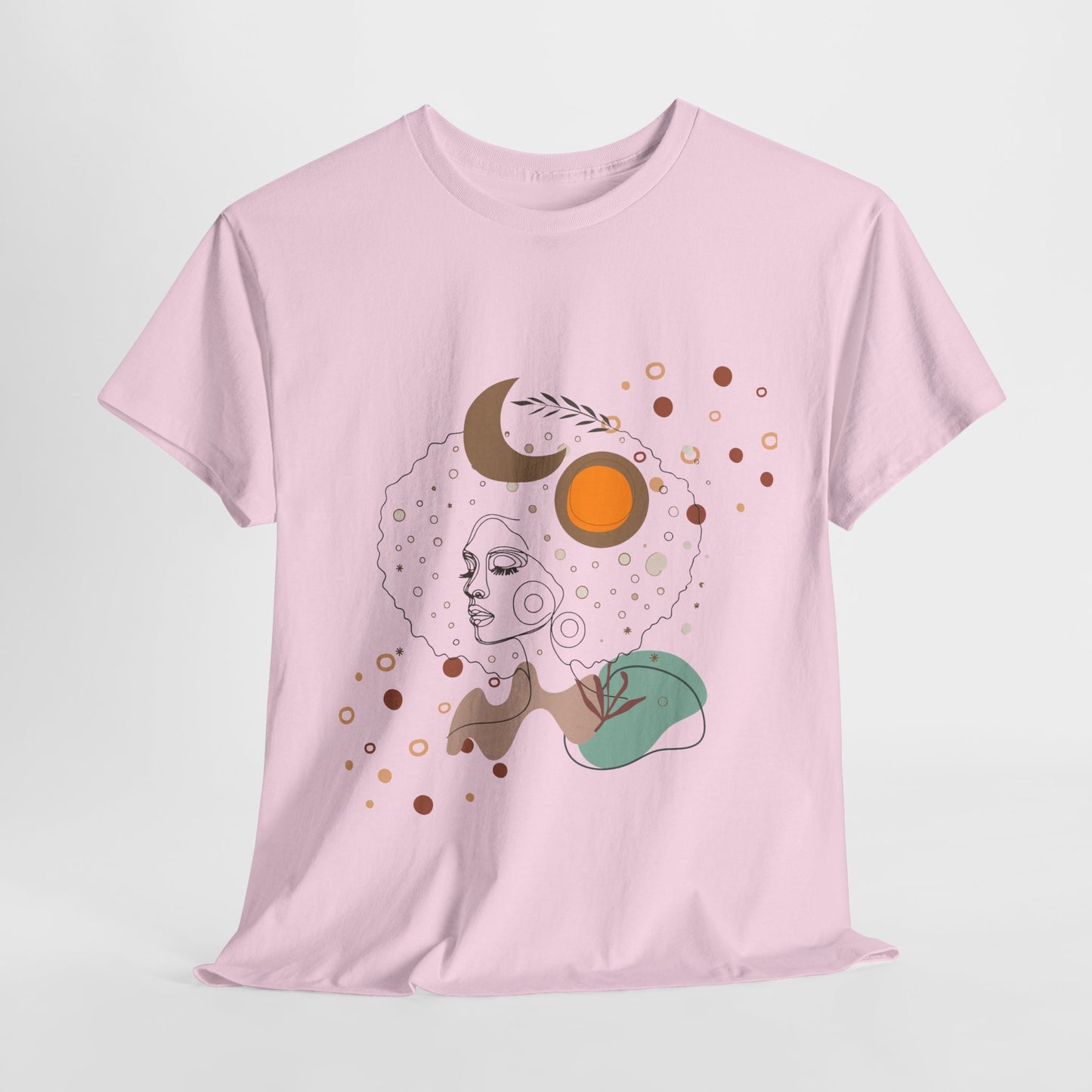 Unisex heavy cotton tee featuring an abstract Afro girl design with a boho aesthetic. A stylish and comfortable fashion piece for art lovers, trendsetters, and those embracing Afro culture. Perfect for casual wear, coffee dates, or as a unique gift for birthdays and special occasions.