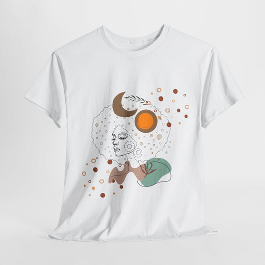 Unisex heavy cotton tee featuring an abstract Afro girl design with a boho aesthetic. A stylish and comfortable fashion piece for art lovers, trendsetters, and those embracing Afro culture. Perfect for casual wear, coffee dates, or as a unique gift for birthdays and special occasions.