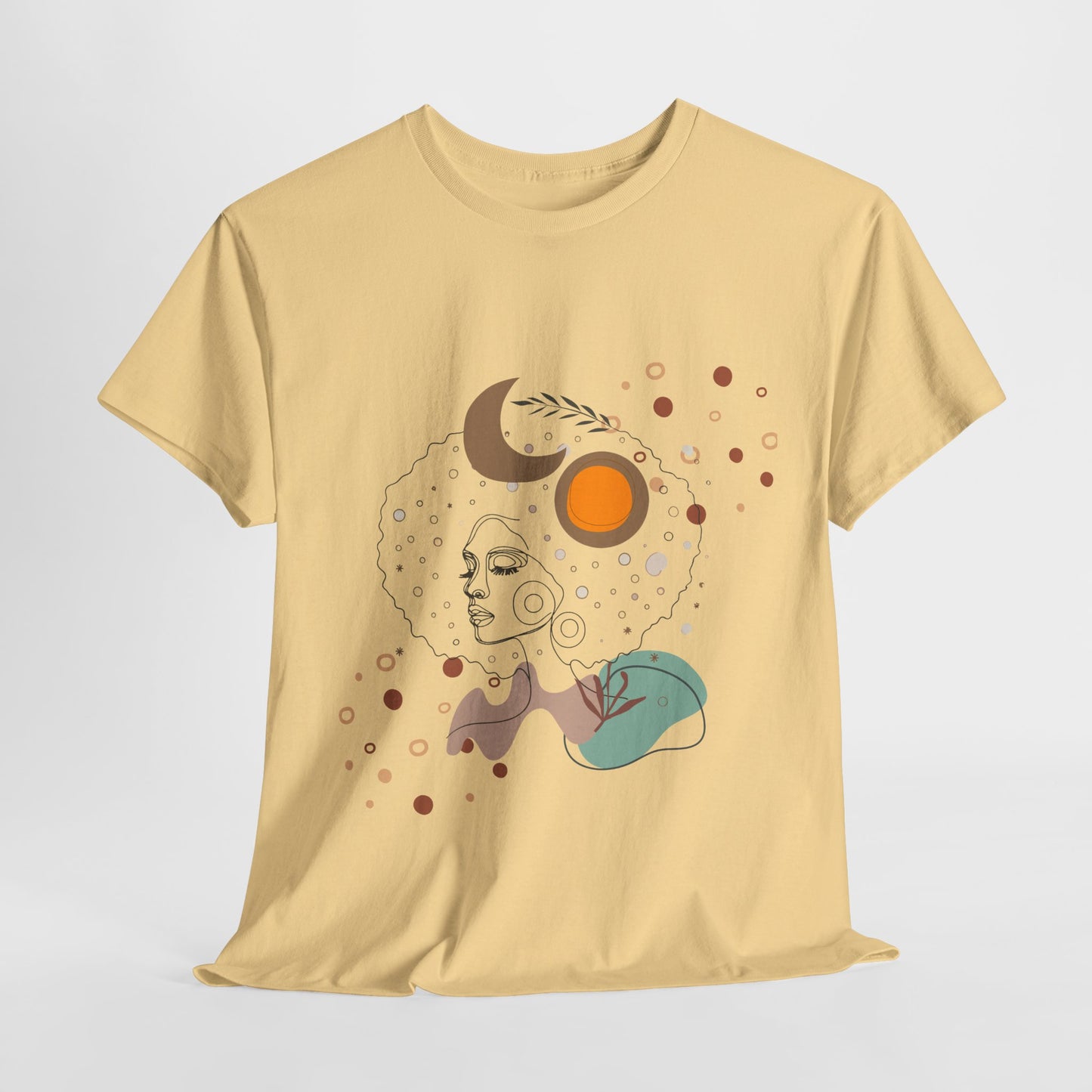 Unisex heavy cotton tee featuring an abstract Afro girl design with a boho aesthetic. A stylish and comfortable fashion piece for art lovers, trendsetters, and those embracing Afro culture. Perfect for casual wear, coffee dates, or as a unique gift for birthdays and special occasions.