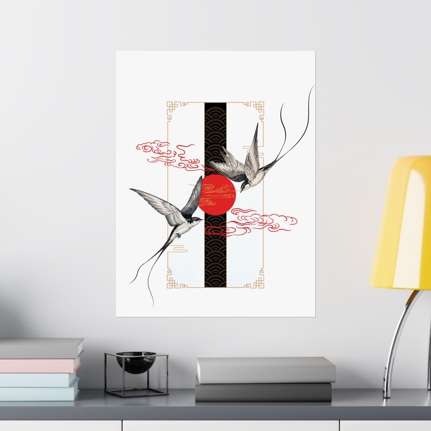 Elegant Asian-inspired matte vertical poster featuring swirling unryū clouds, geometric balance, and swallows circling a striking red sun. A fusion of traditional Japanese influences and modern aesthetics, printed on archival-quality, fade-resistant materials. Perfect for office interiors, creative studios, and tattoo shops.