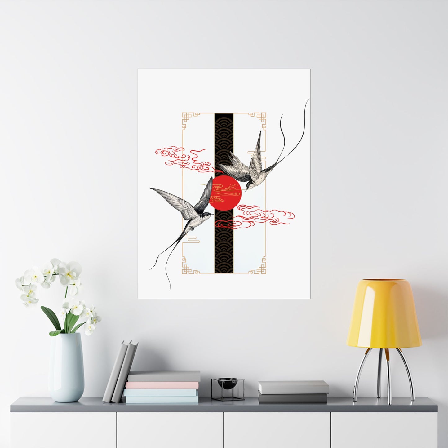 Elegant Asian-inspired matte vertical poster featuring swirling unryū clouds, geometric balance, and swallows circling a striking red sun. A fusion of traditional Japanese influences and modern aesthetics, printed on archival-quality, fade-resistant materials. Perfect for office interiors, creative studios, and tattoo shops.