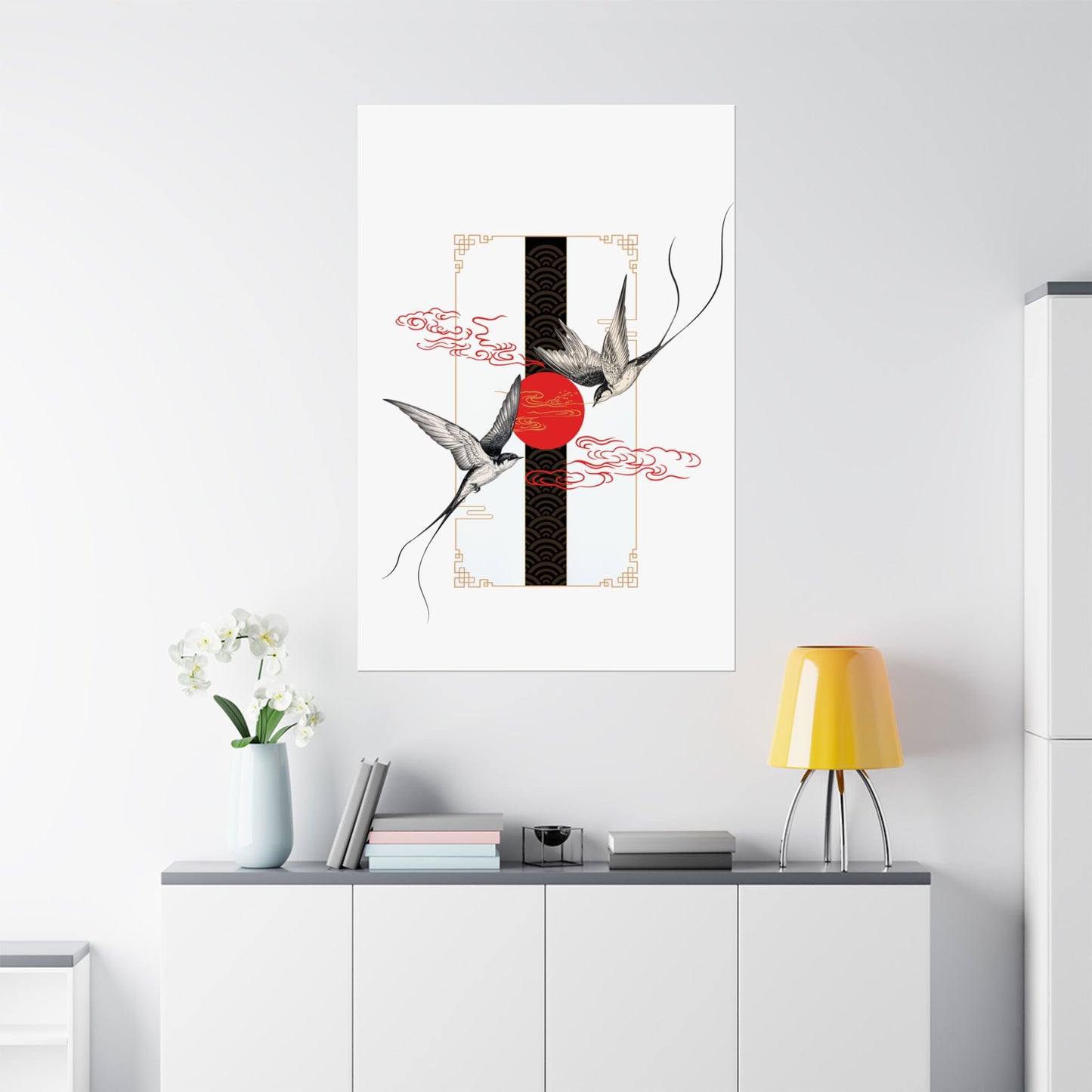 Elegant Asian-inspired matte vertical poster featuring swirling unryū clouds, geometric balance, and swallows circling a striking red sun. A fusion of traditional Japanese influences and modern aesthetics, printed on archival-quality, fade-resistant materials. Perfect for office interiors, creative studios, and tattoo shops.