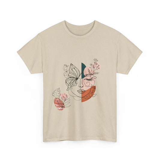 Unisex heavy cotton tee featuring an abstract butterfly design with a bohemian artistic touch. A stylish and comfortable fashion piece perfect for casual wear, art exhibits, and expressing individuality.