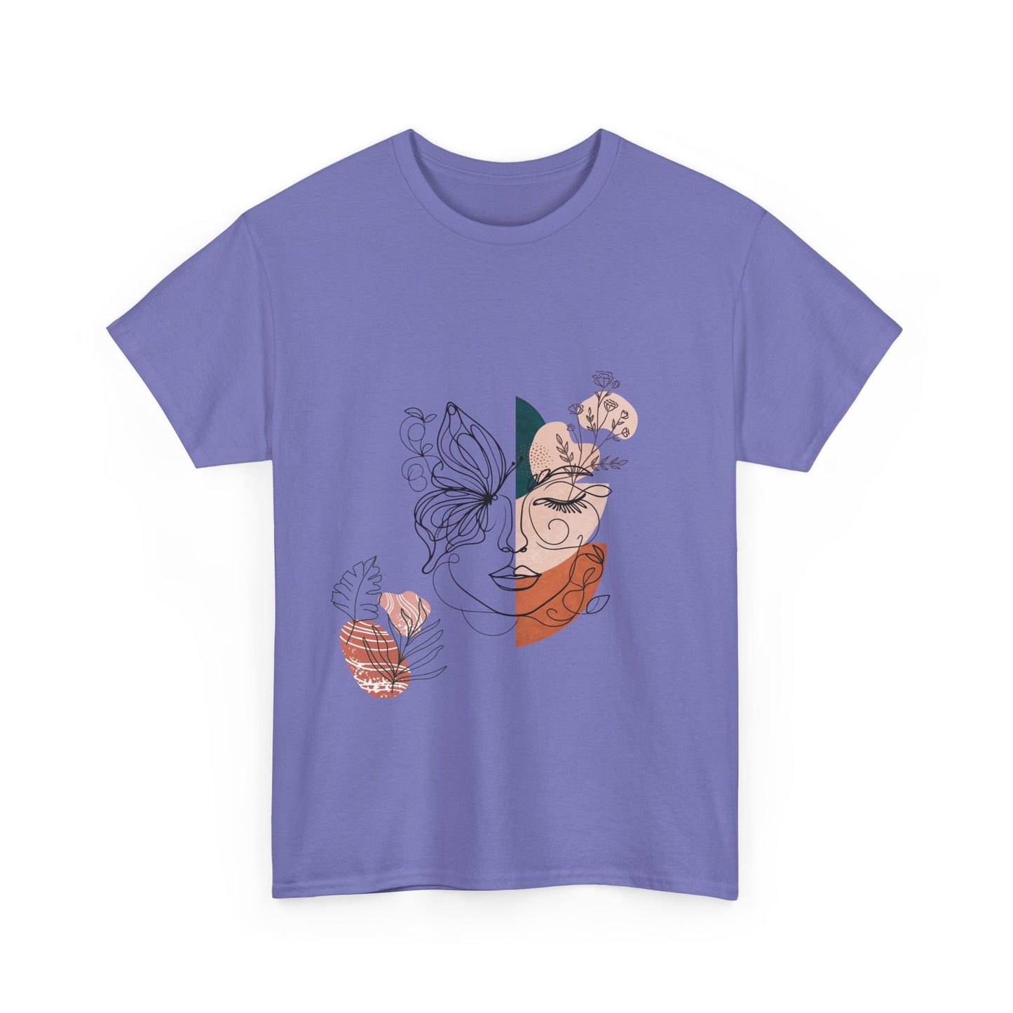 Unisex heavy cotton tee featuring an abstract butterfly design with a bohemian artistic touch. A stylish and comfortable fashion piece perfect for casual wear, art exhibits, and expressing individuality.