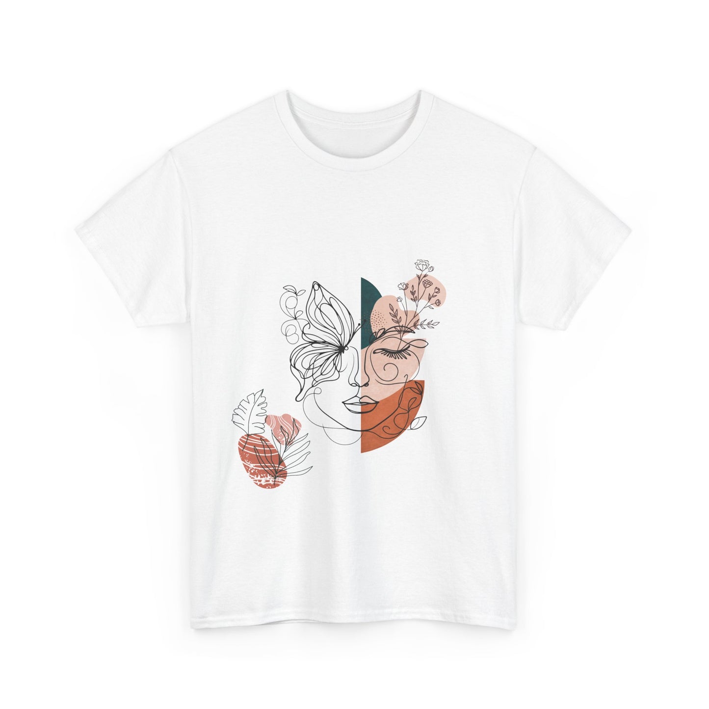 Unisex heavy cotton tee featuring an abstract butterfly design with a bohemian artistic touch. A stylish and comfortable fashion piece perfect for casual wear, art exhibits, and expressing individuality.