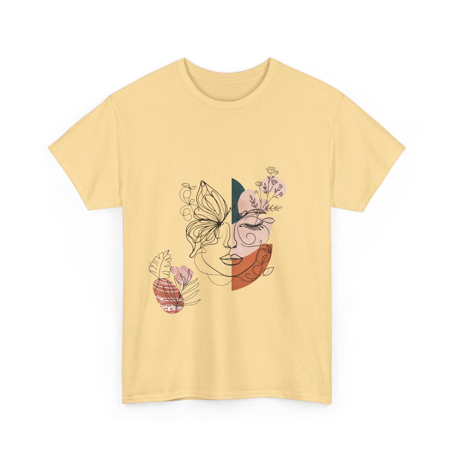 Unisex heavy cotton tee featuring an abstract butterfly design with a bohemian artistic touch. A stylish and comfortable fashion piece perfect for casual wear, art exhibits, and expressing individuality.