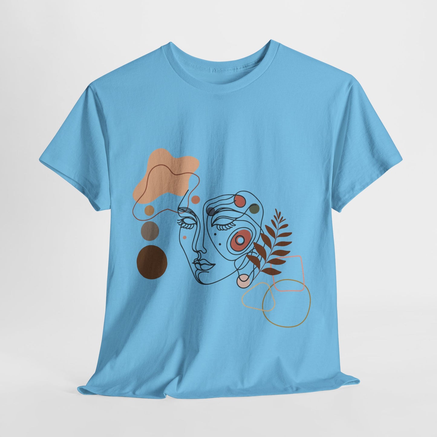 Unisex heavy cotton tee featuring an abstract bohemian line art design. A stylish and comfortable piece of custom apparel, perfect for casual wear, art exhibits, and expressing creativity.