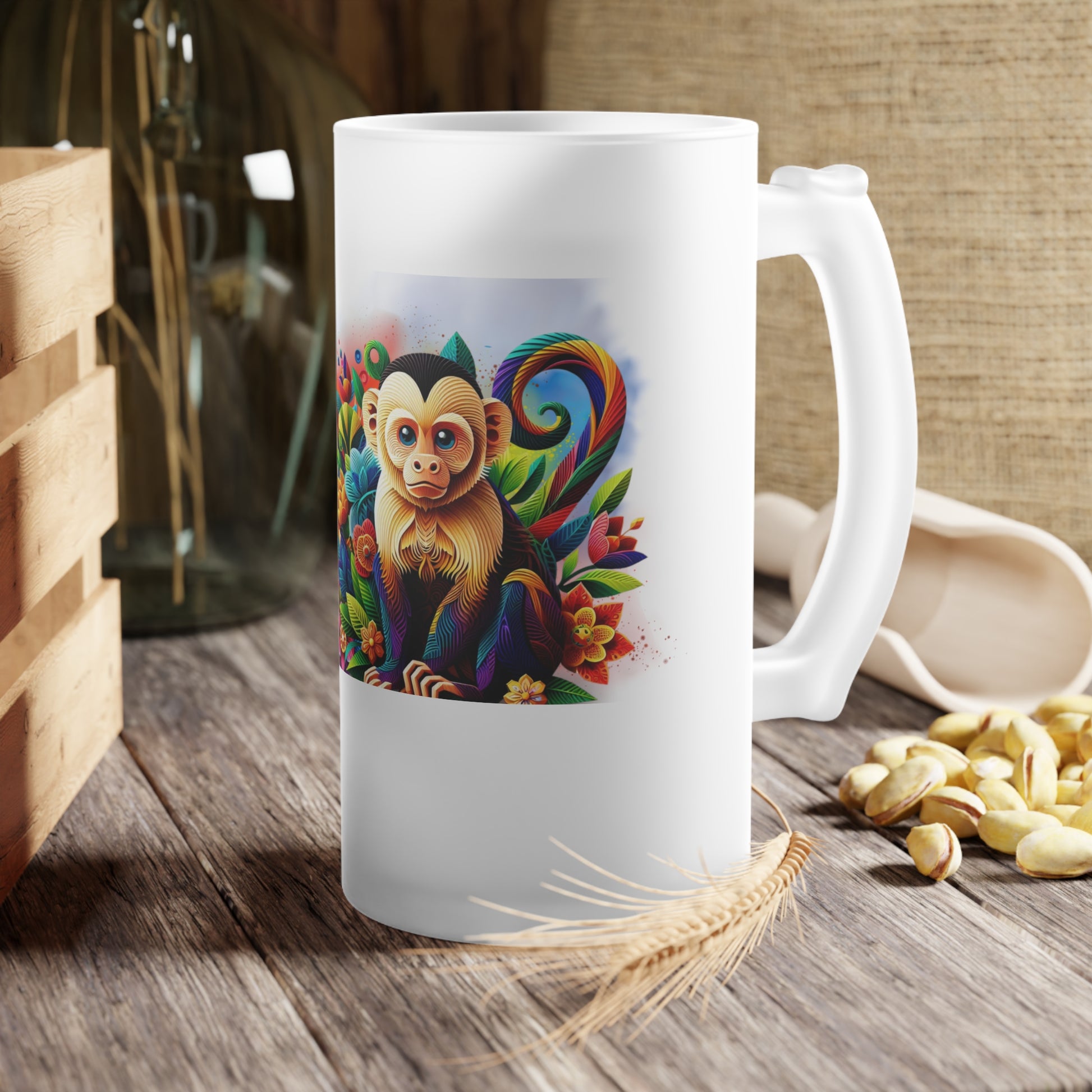 Frosted glass beer mug featuring a vibrant jungle monkey design inspired by tropical rain forest colors. Perfect for breweries, bars, and home beer brewing, this custom mug adds a unique twist of style and creativity to every sip, making it ideal for parties and holiday gatherings.